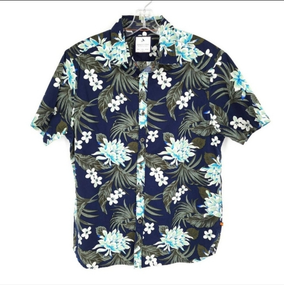 Denim & Flower M Slim Fit Navy Blue White Floral Short Sleeve Hawaiian Shirt